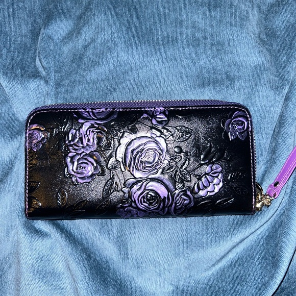Purple and Black Floral Leather Wallet - Picture 2 of 4